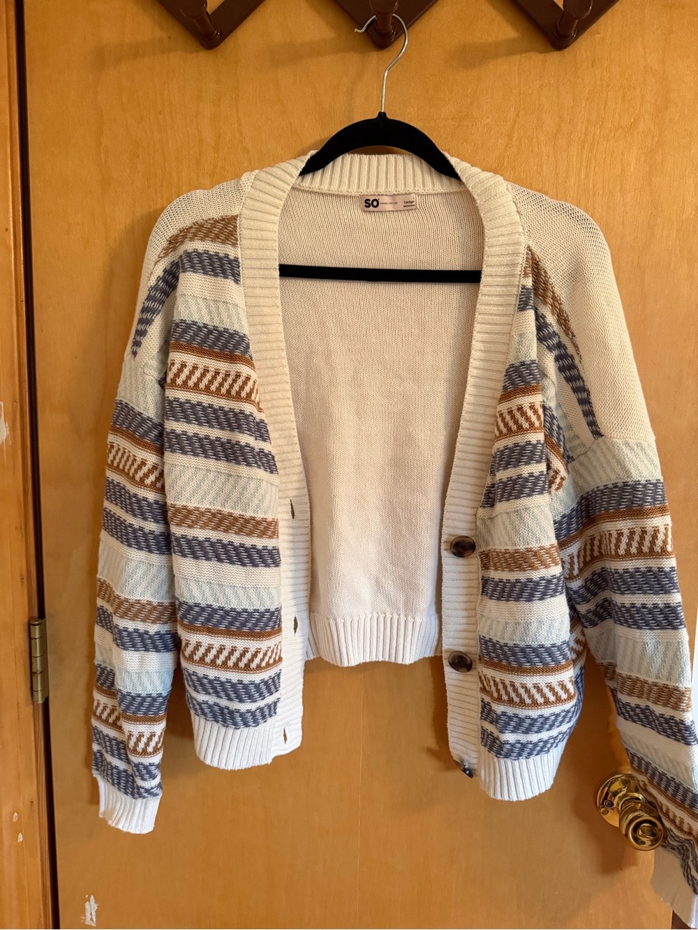 SO Cream Cardigan with Blue and Brown Stripes
